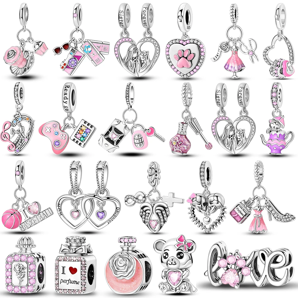 

Fit Original Bangle Bracelet Beads Diy 925 Silver Charms Pink Heart Pendants Making Fashion Woman Jewelry Charm gift