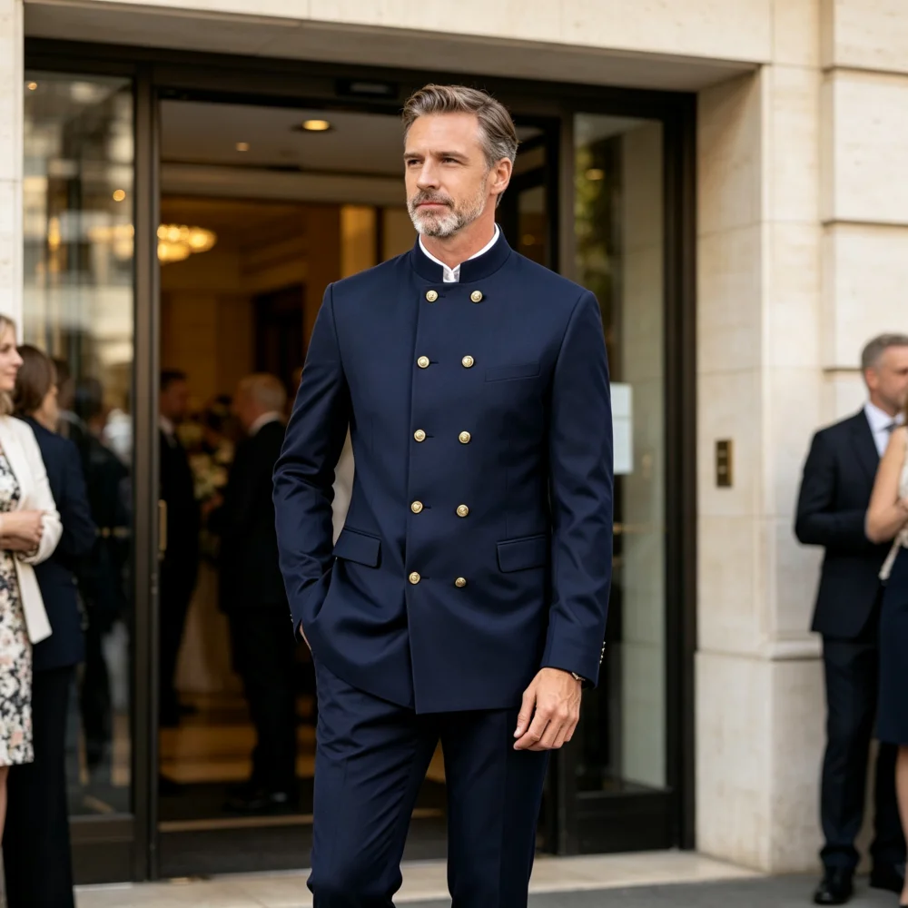 Men's Stand Collar Double Breasted Suit  Formal Chinese Style Blazer for Wedding Party Business Banquet for Groom Gentleman