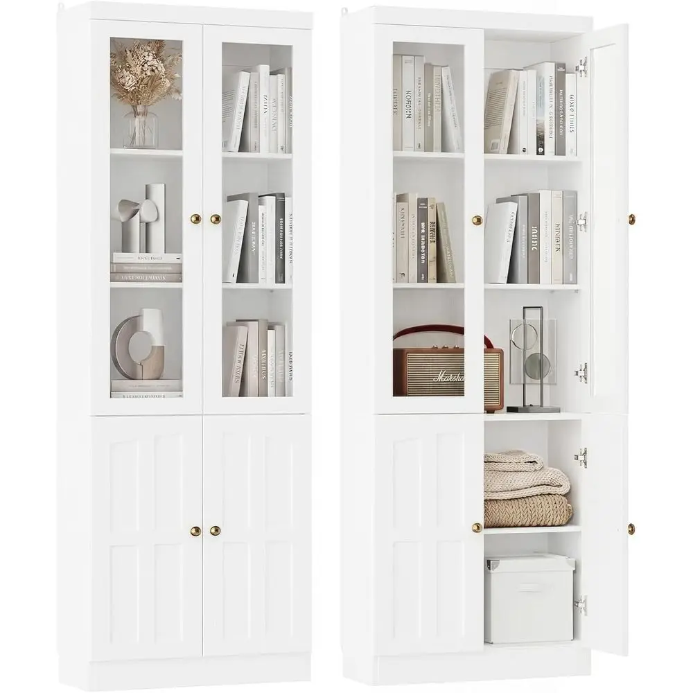 80 Inch Tall Bookshelf with Glass Doors and Thickened Top, Adjustable Shelves, Ideal for Living Room or Home Office, White, Set - view 3