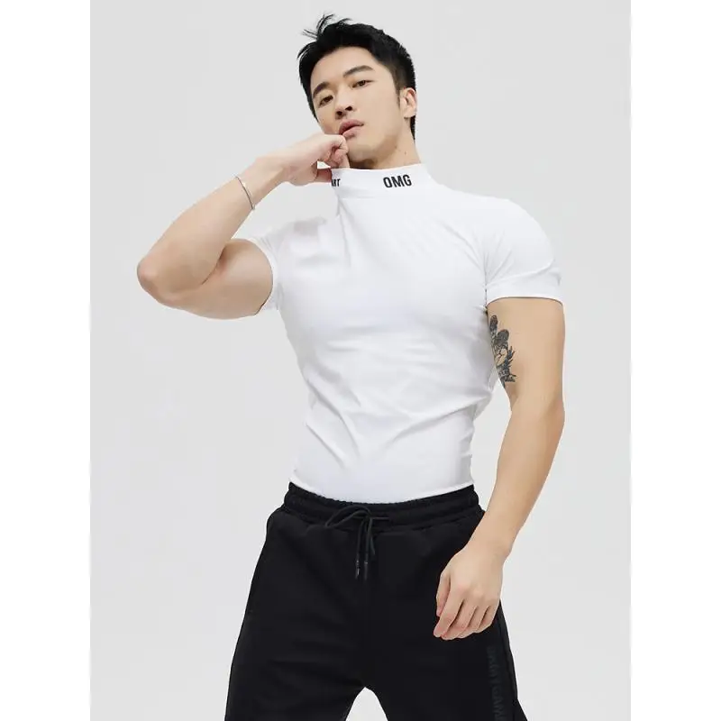 DROZENO Men's High Neck Sports Top Breathable Nylon Stretch Short Sleeve Fitness T-shirt for Active