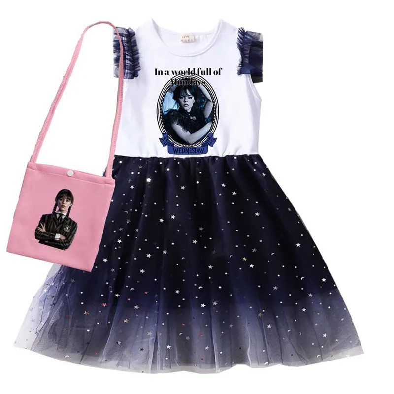 Wednesday Addams Kids Summer Morticia Dress Baby Girls Cute Lace Princess Dress Toddler Girls Birthday Party Dresses with Bag