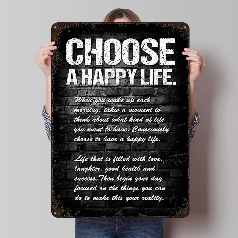 Wählen Sie ein 'Happy Life' Zitat Druckposter Individualisierte Retro Wandkunst Vintage Metallschilder für Kaffeebar-Zubehör Wanddekoration