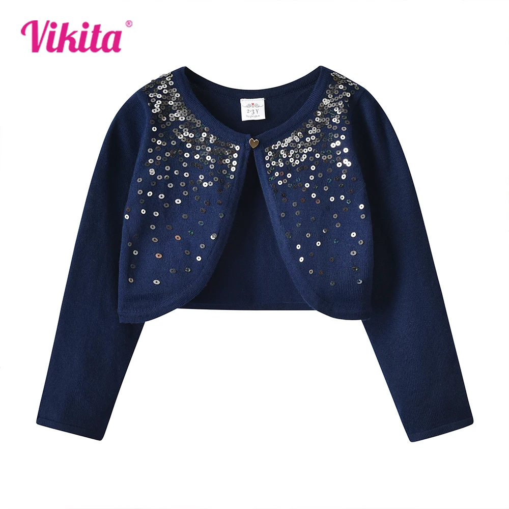 VIKITA Children Girl Fashion Clothes Kids Sequined Appliqued Cardigan Sweater Girls Knitted Spring Autumn Navy Blue Sweater