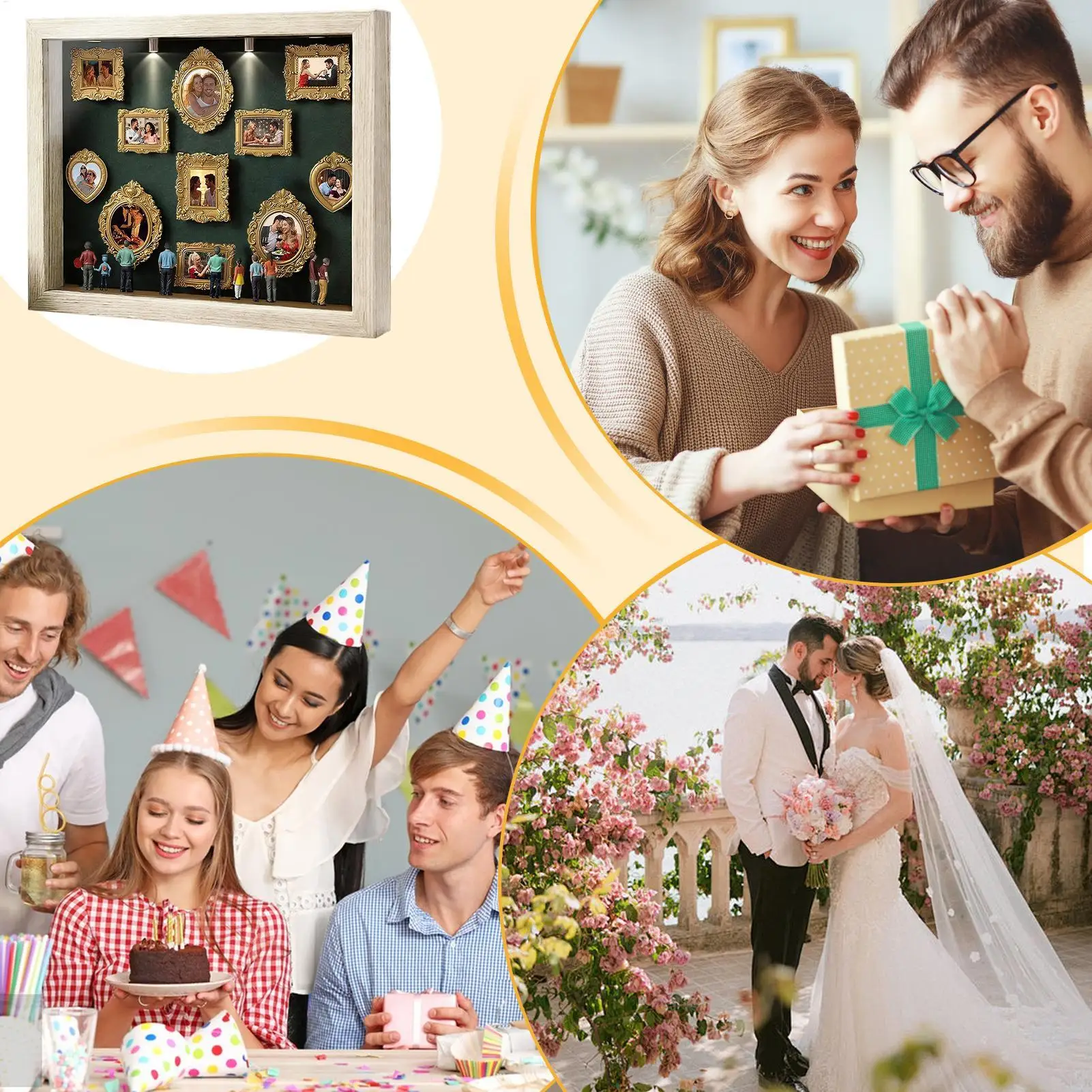 Home Ornaments Silhouette Box Memory Photo Display Case with LED Light 11 Pieces Miniature Desk Picture Frame with 8 Figurines