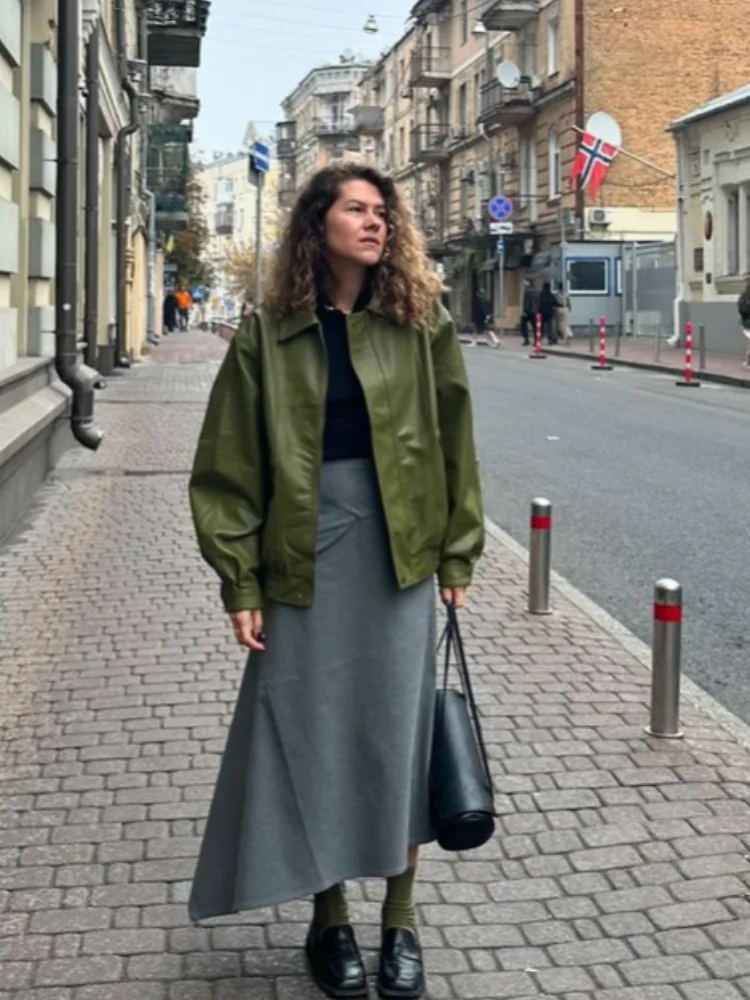 

Green Leather Pu Women Loose Jacket Chic Lapel Long Sleeve Elastic Waist Waterproof Zipper Pocket Coat 2025 Autumn Lady Outwear
