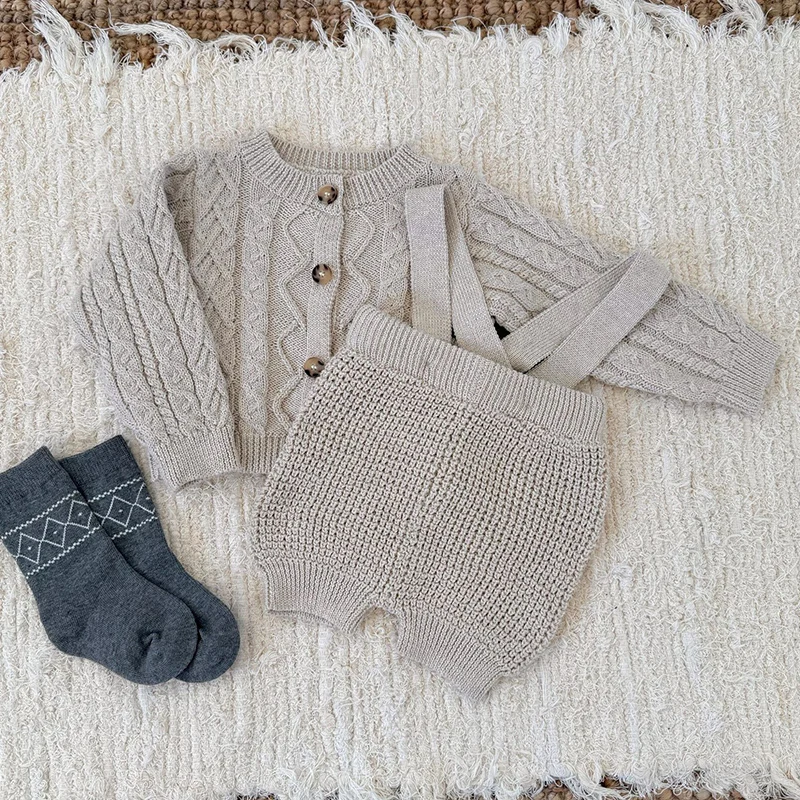 2026 ربيع جديد 0-3Yrs الرضع طفل الفتيات الفتيان مجموعة ملابس طويلة الأكمام سترة مشغولة من الصوف + بذلة طفل رضيع الملابس دعوى #3