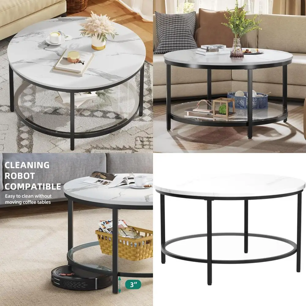 

White Marble Top 2-Tier Round Glass Coffee Table with Storage for Living Room