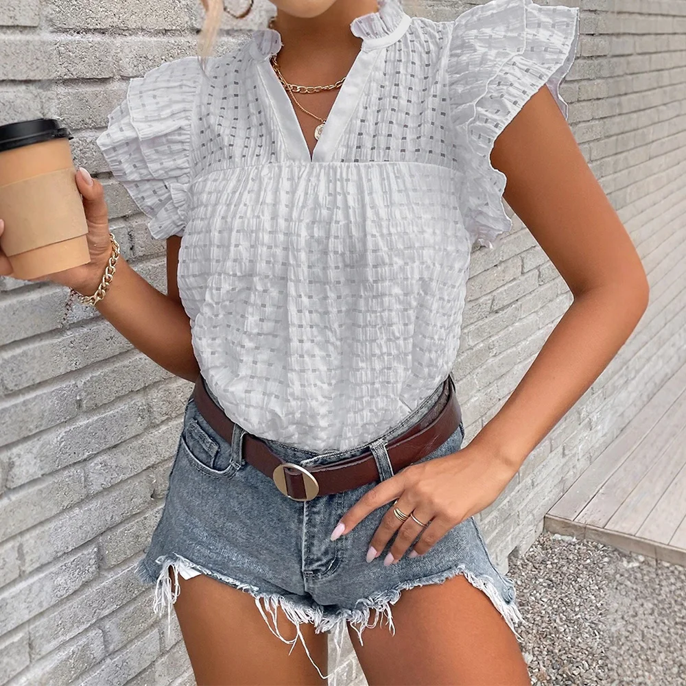 

Blouses Summer Elegant Decent Solid Color Butterfly Sleeve V-Neck Slim Office Lady Blouses For Women
