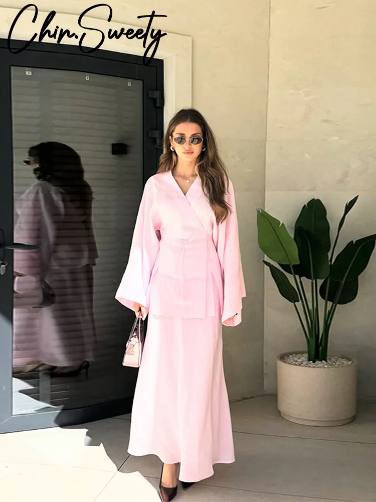 

Повседневная рубашка-юбка, женский комплект из 2 предметов, элегантные рубашки на шнуровке с v-образным вырезом и длинными расклешенными рукавами, юбки-русалки, летняя женская одежда 2025 г.