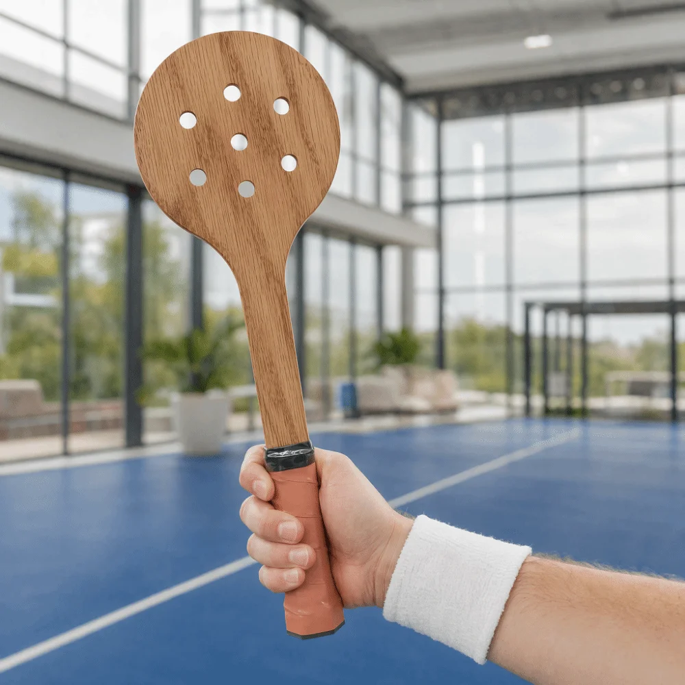 Wood Wooden Tennis Racket Lightweight Perforated Head Padel Training Paddle Brown Handheld Training Racket Ball Hitting Drill