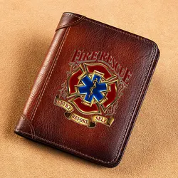 High Quality Genuine Leather Men Wallets Fire Rescue Service Before Self Printing Short Card Holder Purse Billfold Male Wallet