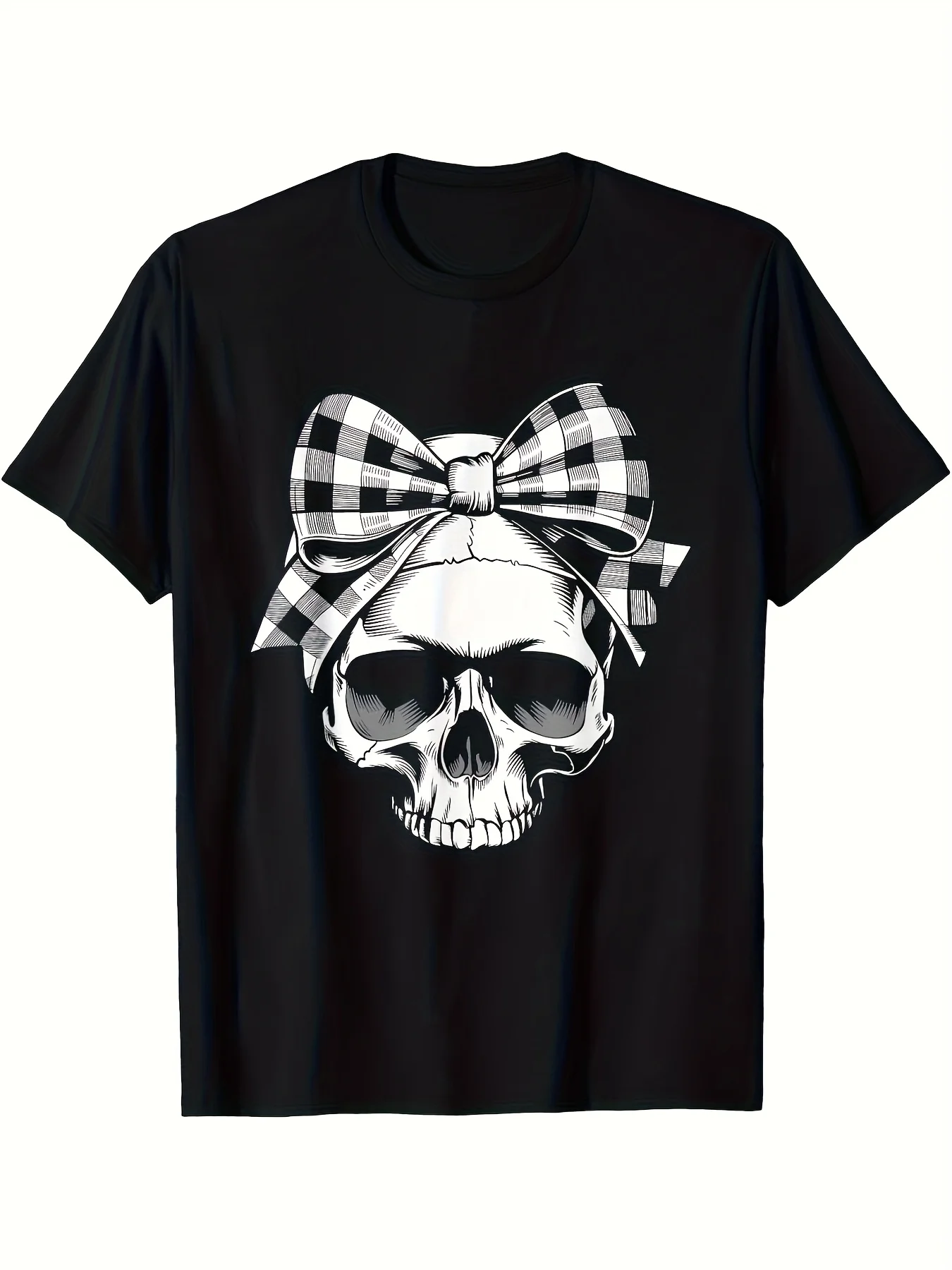 Men'S Gothic Graphic Tee Featuring a Skull Adorned with a Checkered Bow, Perfect for Halloween. This Black And White Contrast Shirt Offers a Regular Fit with Short Sleeves