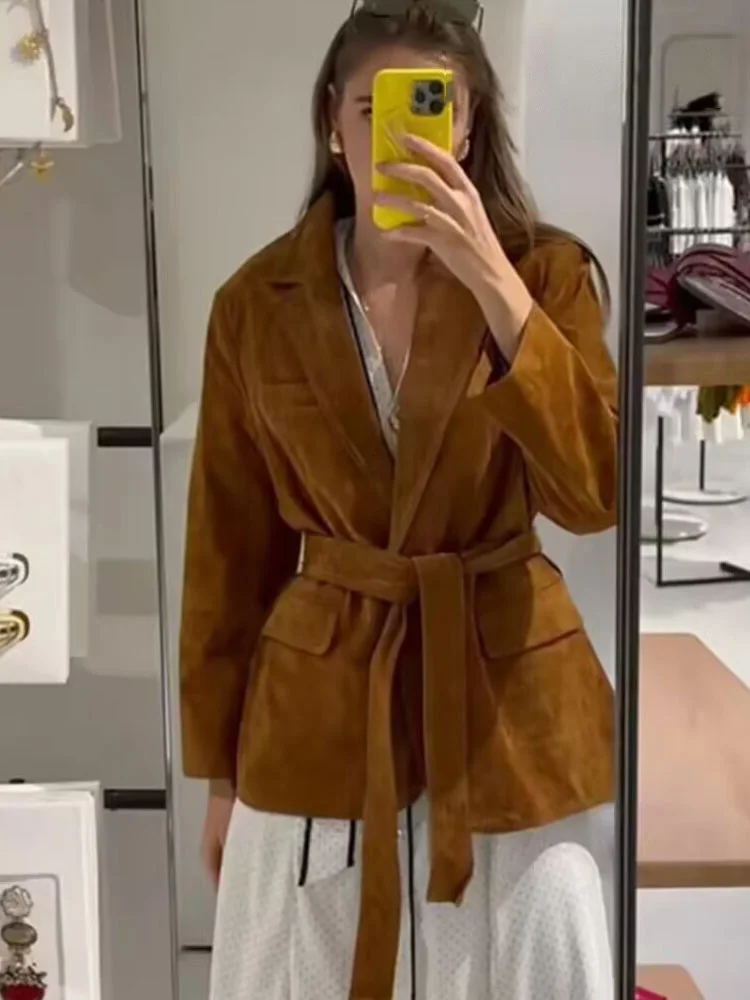 HH Women's Fashion Jacket Solid Turn-Down Collar Long Sleeves Lace-Up Decoration Pockets Button Female Autumn Casual Coats