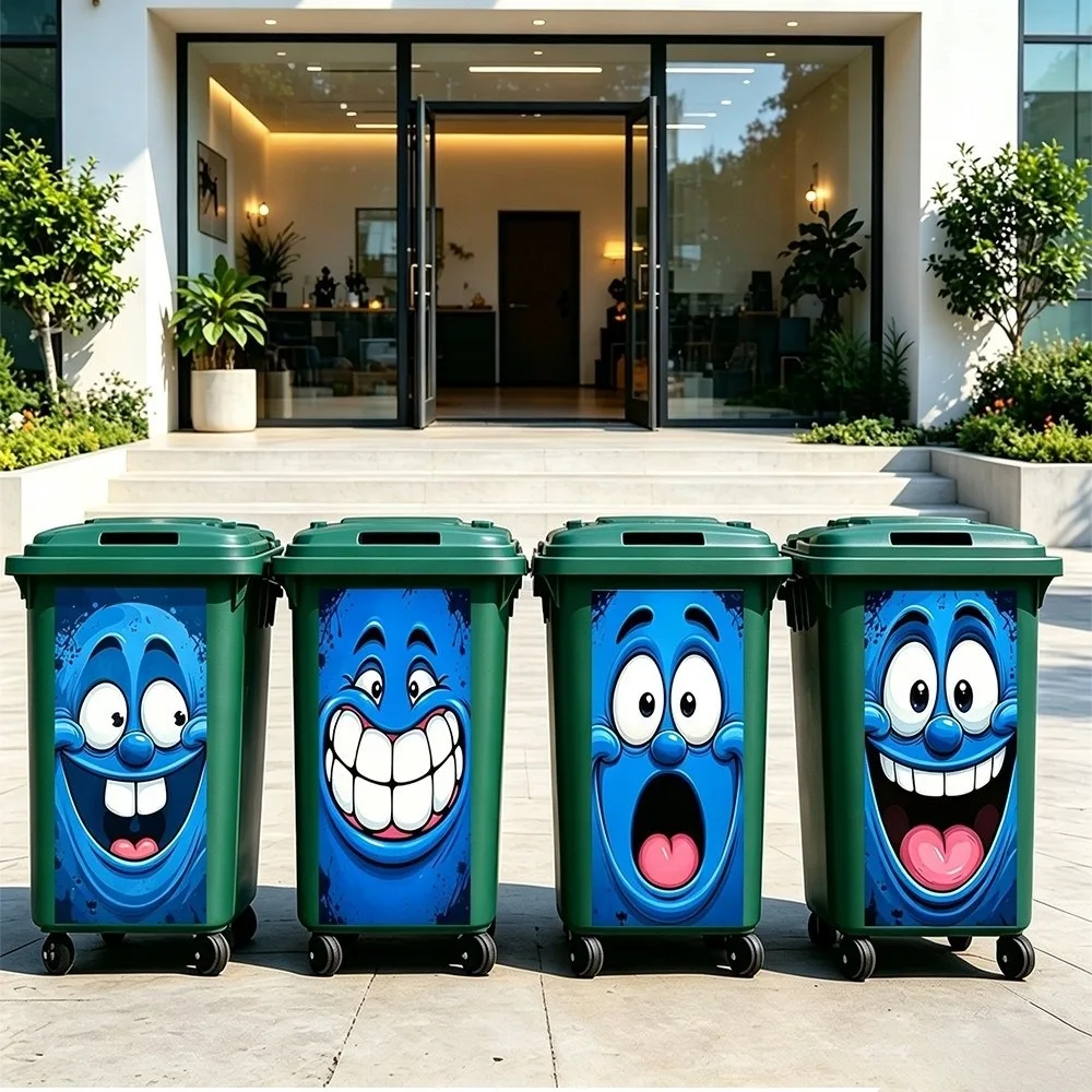 Funny Cartoon Face Trash Bin Sticker Self Adhesive Water Block Recycle Bin Sticker Sun Proof Tough Vivid Expression