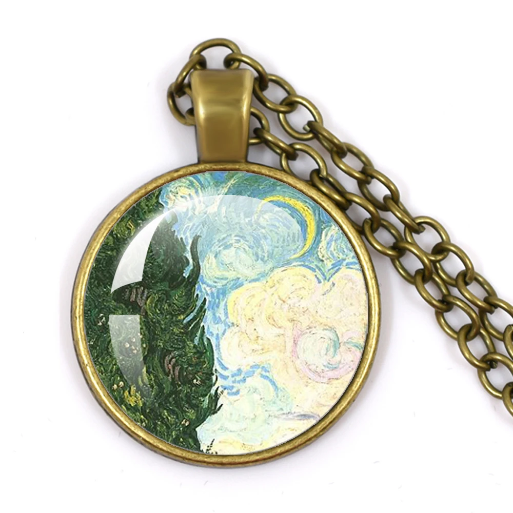 New Classic Starry Night Pendant Van Gogh Necklace Glass Art Painting Pendants Jewelry Moon And Atars Necklaces Gift