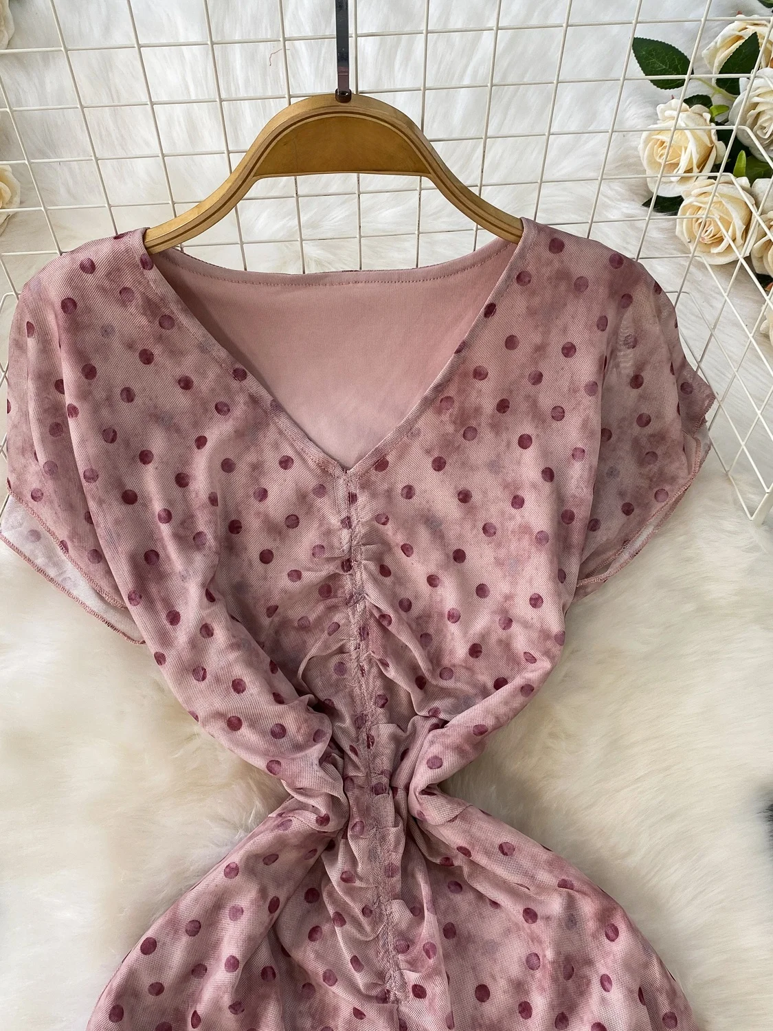 Roze Polka Dot V-Ne ort Sve Dames Dr Zomer A-lijn Midi Rok Verzamelde Taille Afslanken Me Pendelen Sle Hoge Taille