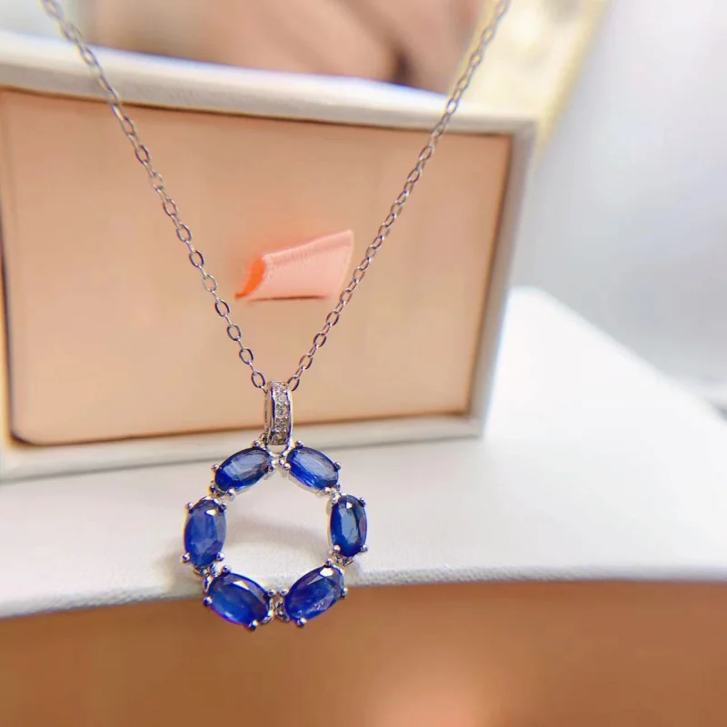 

Natural Blue Sapphire Pendant Necklace Women, Clavicle Chain, 925 Silver