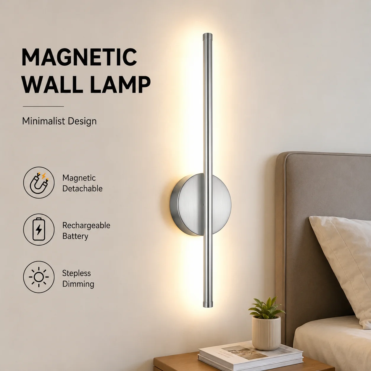 Wiederaufladbare LED-Wandleuchte, dimmbar, silberfarben, für Wohnzimmer, Schlafzimmer, Flur, Arbeitszimmer, Treppenhaus, dekorative Innenbeleuchtung