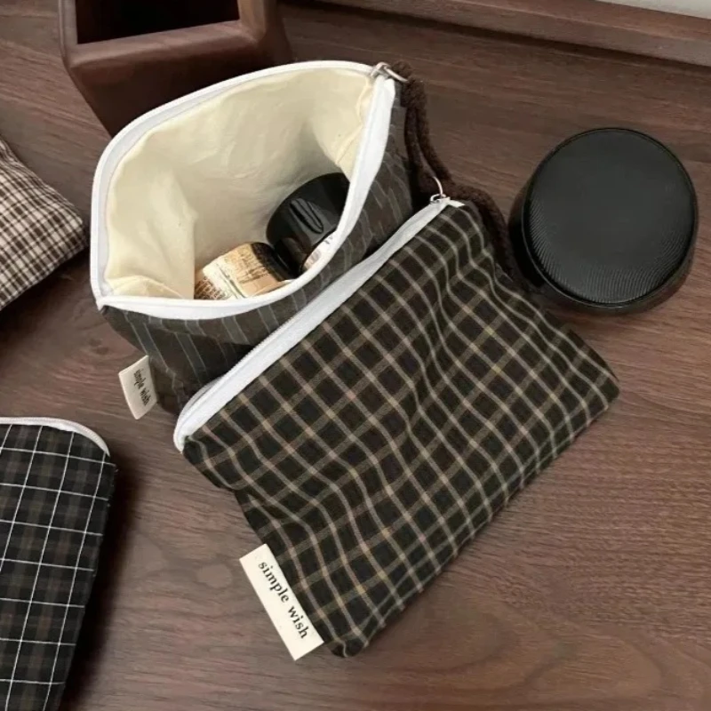 Vintage Plaid Coin Purse Korean Style Cotton Small Wallet Mini Zipper Pouch for Cash Cards Sanitary Napkin Pad Bag for Women