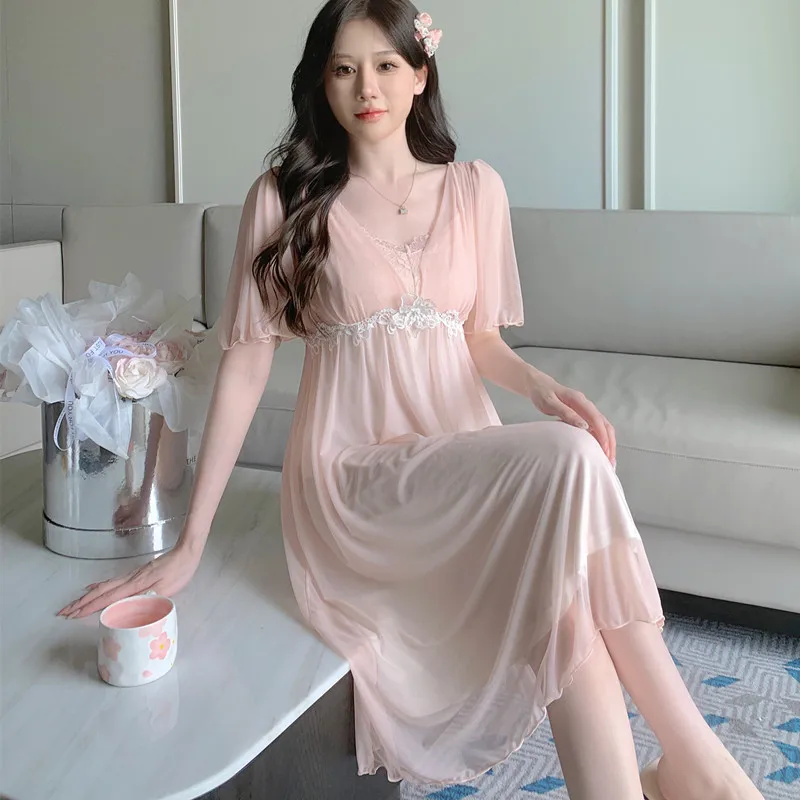 Summer Mesh Lace Sleepwear Gown Female Nightdress Bathrobe Dress Loungewear Elegant French Style Nightgown Sleepshirt Home Wear