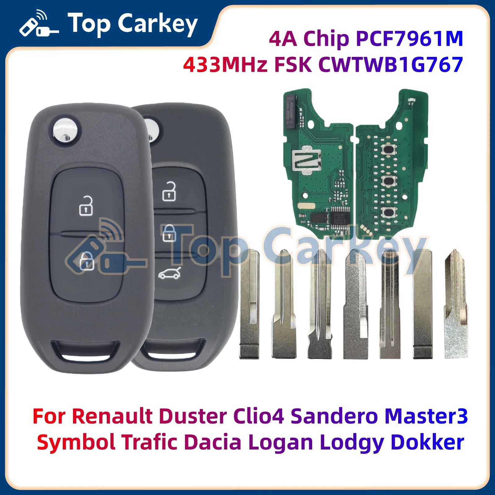 

TopCarkey CWTWB1G767 Flip Remote Key ID4A 433MHz for Renault Duster Clio4 Sandero Master3 Symbol Trafic Dacia Logan Lodgy Dokker