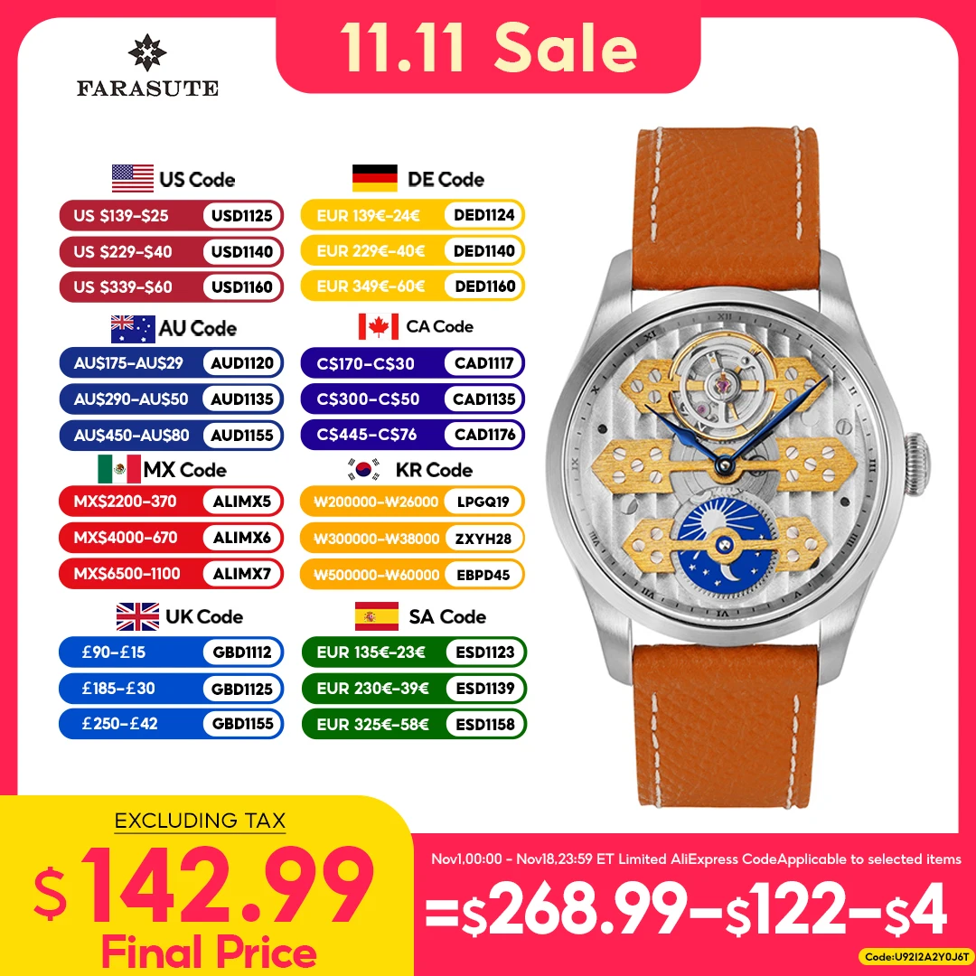 FARASUTE New 39mm Casual Manual Mechanical Movement Watch Men Luxury Sapphire Glass Day Night Indicator Wristwatch Reloj Hombre