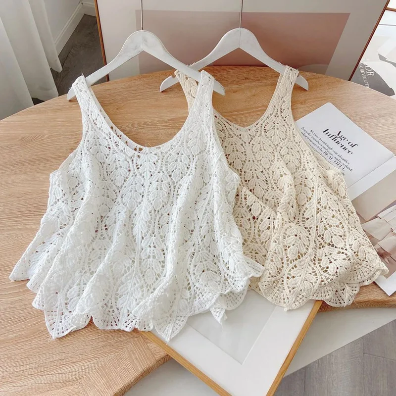 

Crocheted Hollow Knitted Vest Women 2024 Spring And Summer Thin Leaves Loose Sling Embroidery Short Top