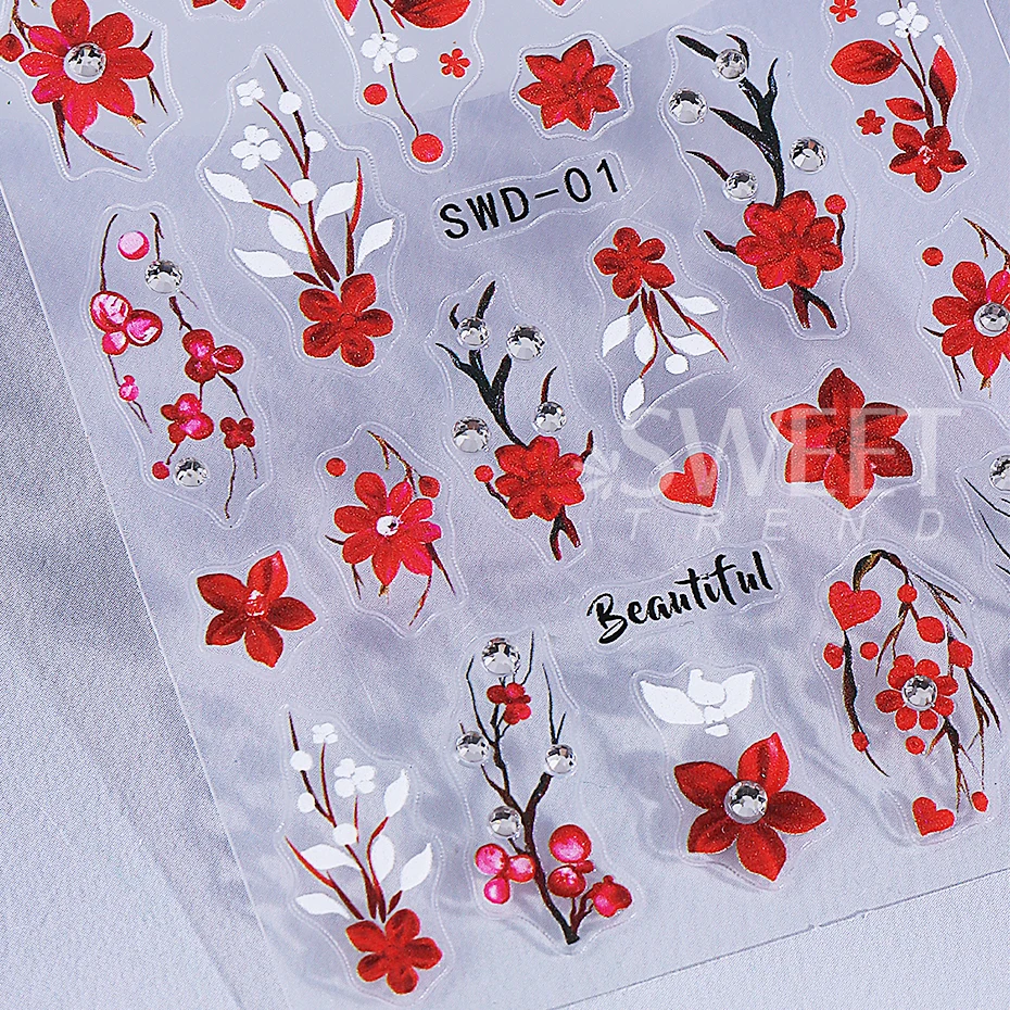 2 個エンボスフラワーネイルアートステッカーラインストーン付き赤い花びらネイルデカール自己粘着スライダーマニキュアデコレーション