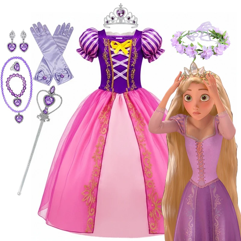 Vestido de princesa enredado de Rapunzel de Disney para niñas, disfraz de princesa Cosplay para niños, Vestido de fiesta de Carnaval y cumpleaños, vestidos con mangas abullonadas