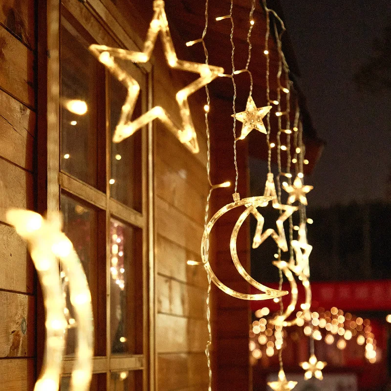 3.5M Romantic Moon Star LED Curtain String Christmas Garland Fairy Light Outdoor Garden Wedding Christmas Holiday Home Decor