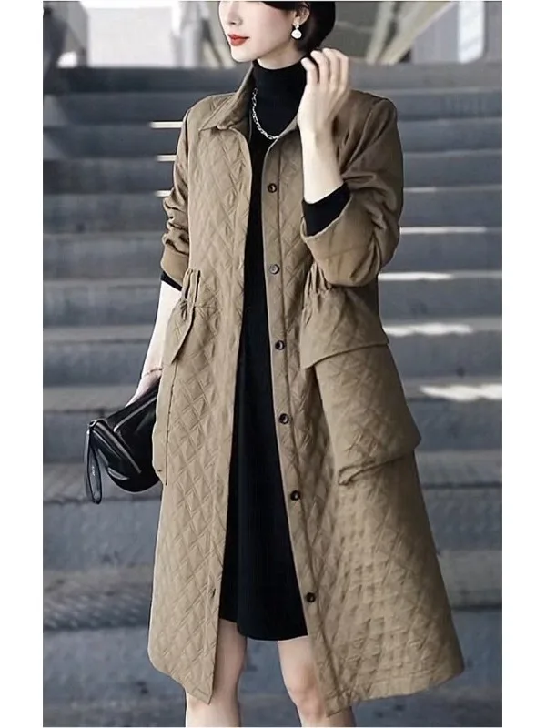 

Упрощенный дизайн, шелково-хлопковая ветровка средней длины с ромбовидным узором, повседневная женская куртка для осени, для поездок на работу, длинная, свободная