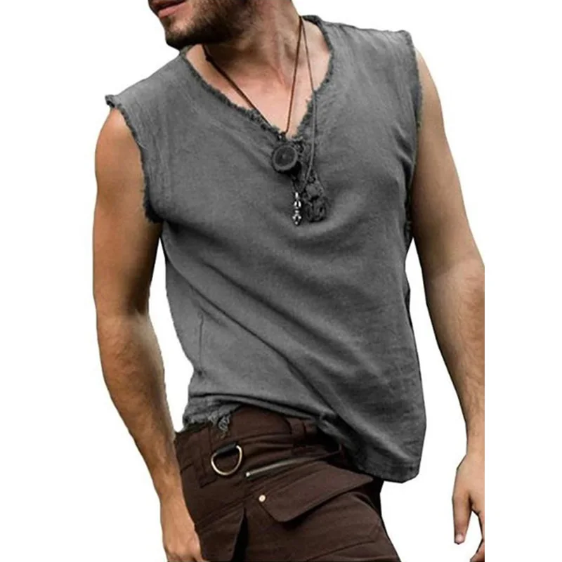 Cotton Linen Shirts Men's Casual Sleeveless Vest Lace Up Shirts Retro V Neck Tank Tops Loose Shirt Male Solid Color Clothes