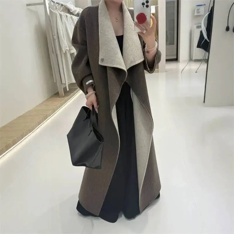 FANAN Two-Tone Lace-Up Waist-Cinching Design Drop Shoulder Long Sleeve Double-Sided Wool Coat Women's Korean Chic New Winter