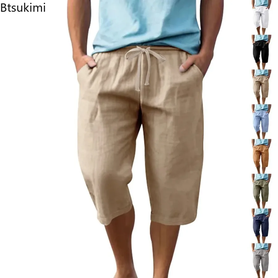 

New Men's Fashion Linen Calf Length Pants Summer High Elastic Waist Drawstring Pocket Wide Leg Loose Trousers Sand Beachwear