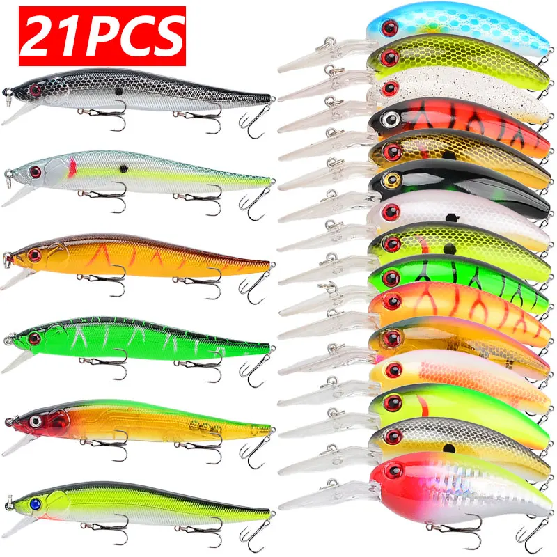 21pcs/lot Fishing Lure Minnow Crankbit Wbblers 3D Eyes Perch Artificial Bait Pike Carp Bait Swim Bait Fishing