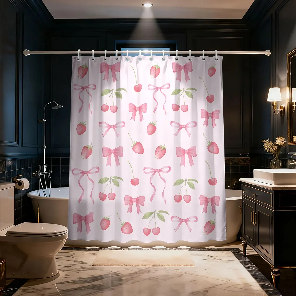 1 Piece Pink Cherry Bow Printed Waterproof Bathroom Partition Privacy Shower Curtain, 12 Hooks, Multiple Sizes, Machine Washable