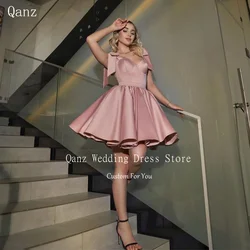 Qanz Vintage Satin Prom Dresses Bow Straps Pink Sweetheart Vestidos De Graduación Short A Line Corset Back Party Gown Customized