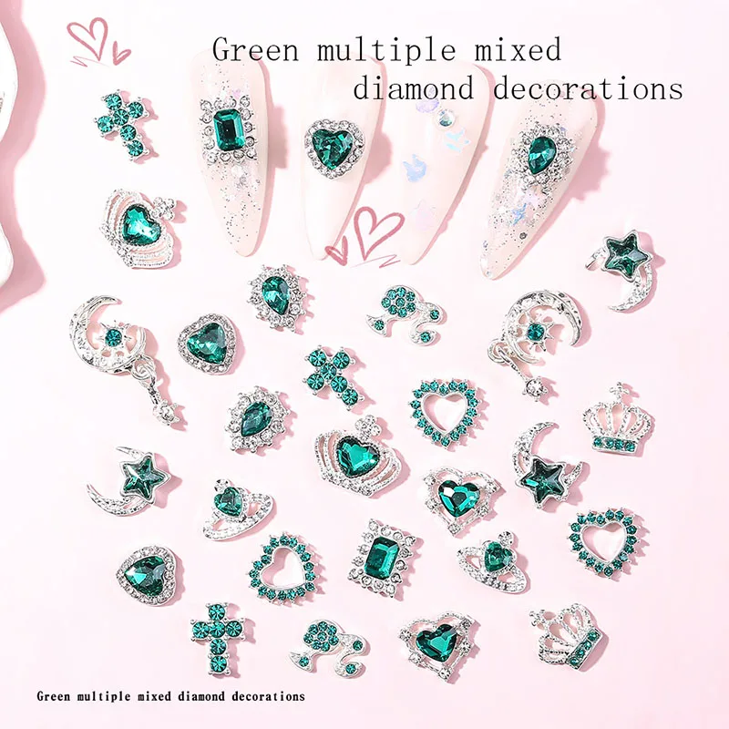 30Pcs Pink Nail Charms Alloy Rhinestones 3D Star Butterfly Heart Cross Gem Nails Crystal Diamond Nail Art Decoration Accessories