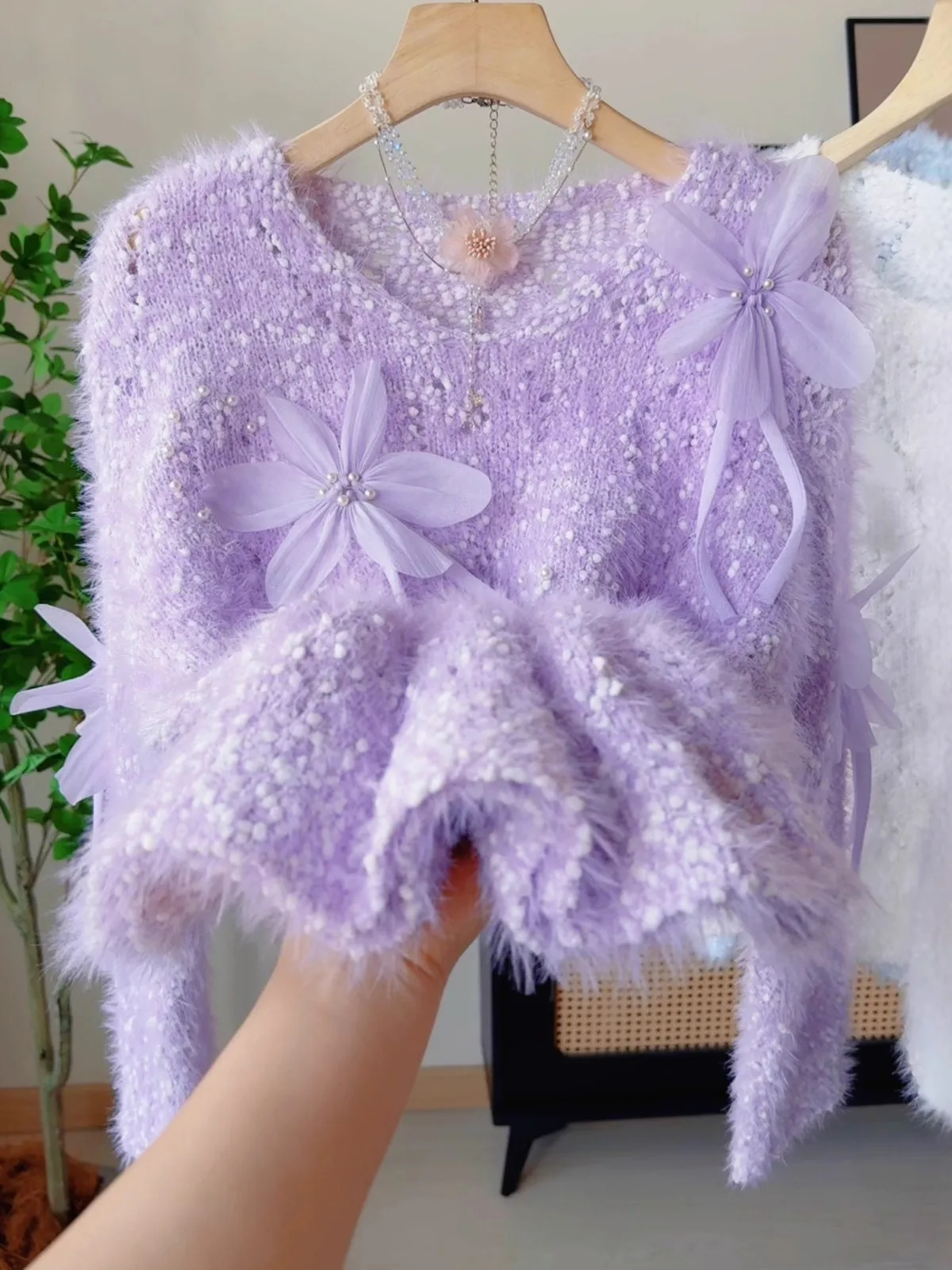 

Soft Purple Anti-Ara Wolf Velvet Sweater Women's Autumn Winter Large Size Plump MM 3D Flower Beading Knitted Top
