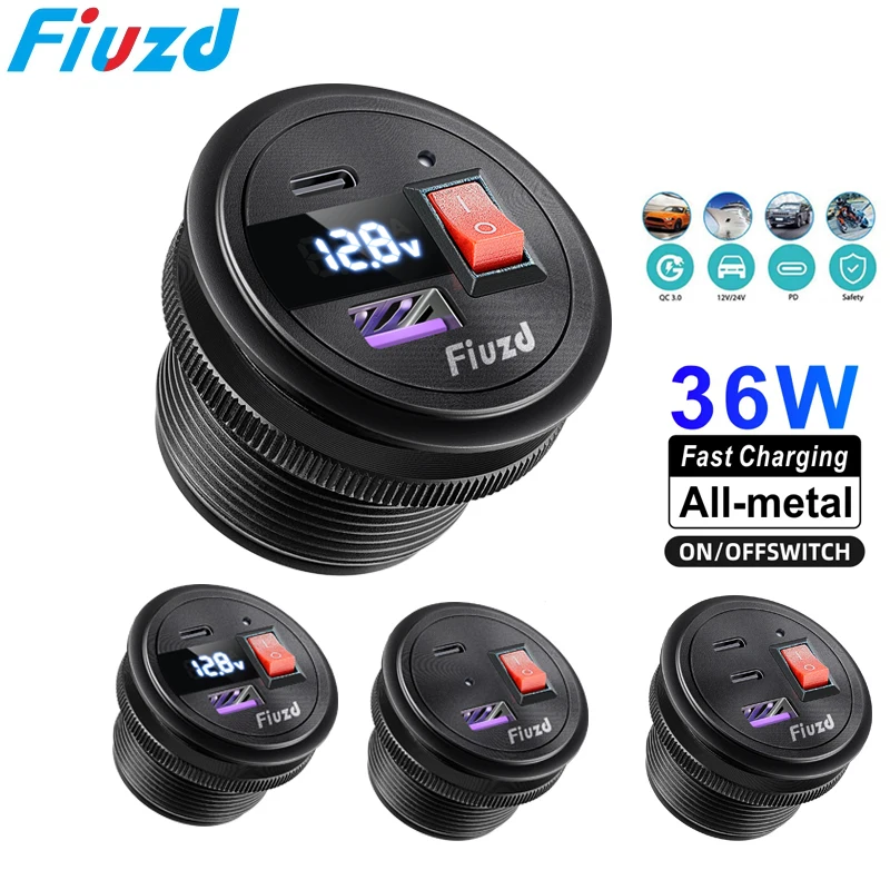 

Ports Quick Charge Dual PD & QC 3.0 54W Aperture Car Charger Outlet Socket For 12V 24V Motorcycle Boat Marine Truck ATV
