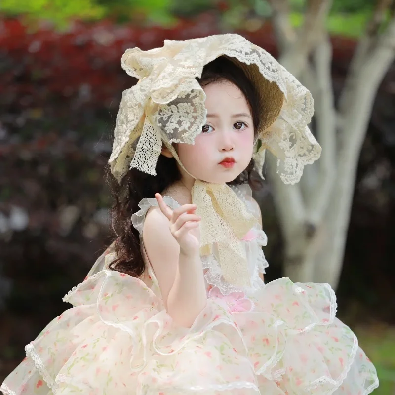 

Lolita Princess Style Children's Handwoven Straw Hat Spring Summer Outing Sunshade Flower Lace Straw Hat
