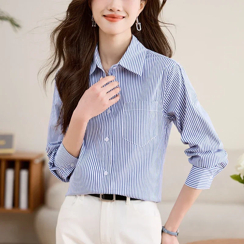 Fashion Long Sleeve Turn Down Collar Women Shirt Striped Shirt Blouse Women Tops Blouses Shirts Blusas Para Mujer Camisas N219