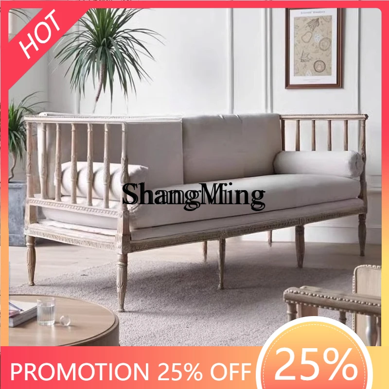 

CL solid wood fabric three-person sofa antique and old studio photography B & B living room carved sofa