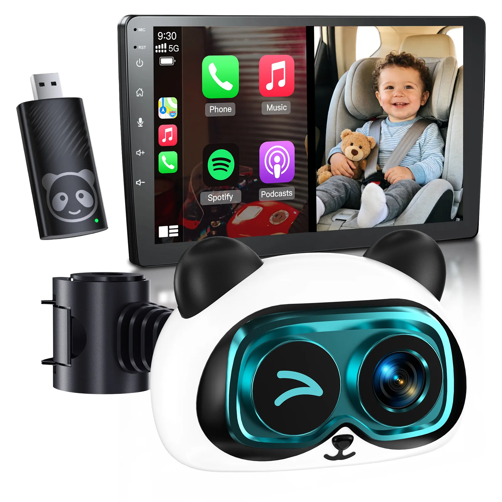 Adaptador Inalámbrico CarPlay 2 en 1 Cabin Care, Cámara para Auto 1080P, Cámara para Bebé 122 °   Monitor de Bebé para Asiento Trasero con Visión Nocturna Gran Angular y Pantalla Dividida