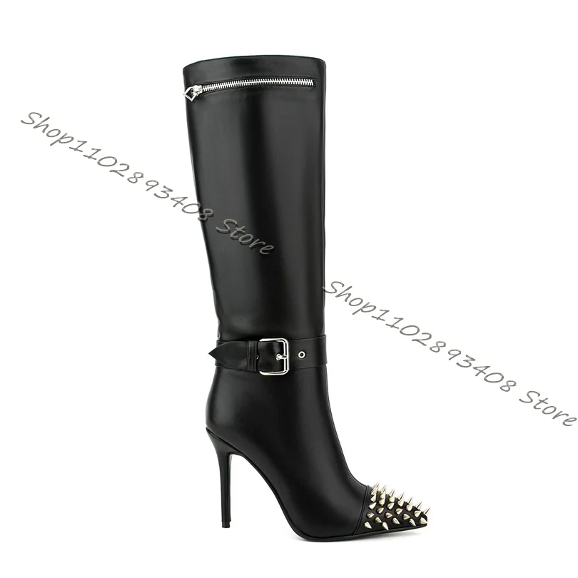 

Black Rivet Decor Boots Belt Buckle Pointed Toe Side Zipper Thin High Heels Boots Women Autumn Party Shoes Zapatos Para Mujere