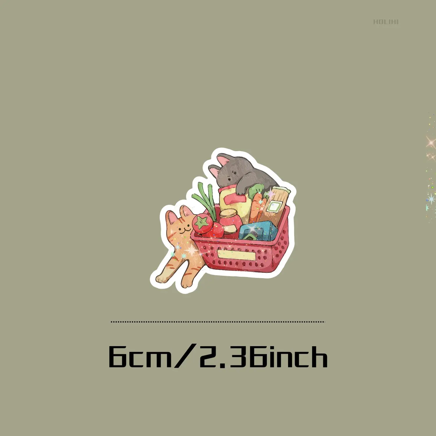 Twin Cat Shopping Basket Stickers, Fresh Watercolor Orange and Dark Kittens Climbing Around Vegetable Baskets