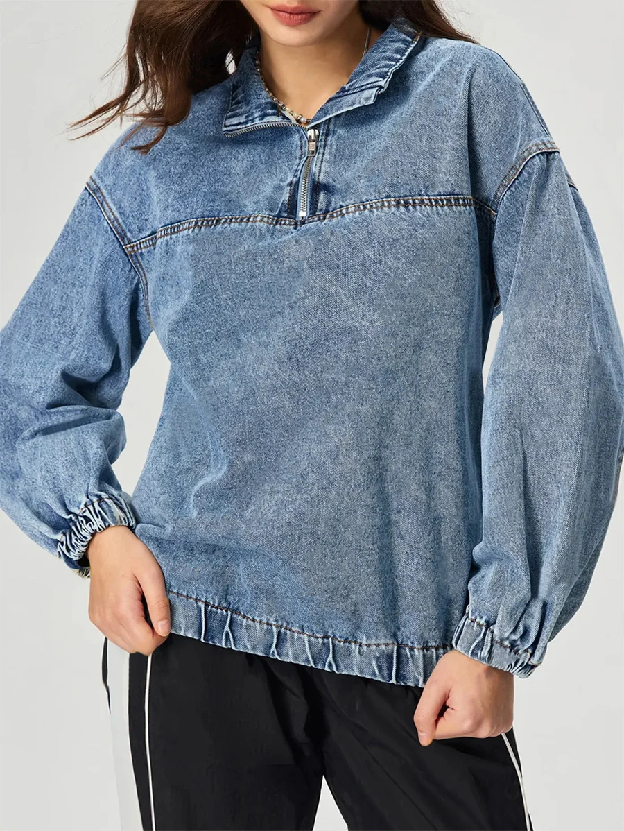 Benuynffy Street Retro Washed Denim Top Women's New Autumn Loose Pullover Long Sleeve Zipper Front Casual Jean Blouses Shirts