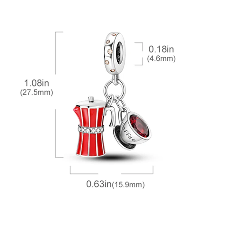 فنجان قهوة أصلي من الفضة الإسترليني عيار 925 على شكل قلب، أحمر شفاه على شكل قطة محظوظة، خرز ساحر على الموضة للسيدات مناسب للأساور اليدوية