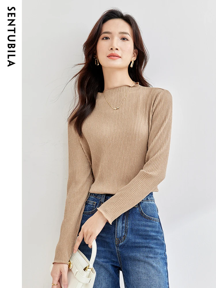 SENTUBILA Mock Neck Sweaters for Women 2024 Autumn Simple Basics Long Sleeve Knit Tops Female T-Shirt Woman Knitwear 133T52324