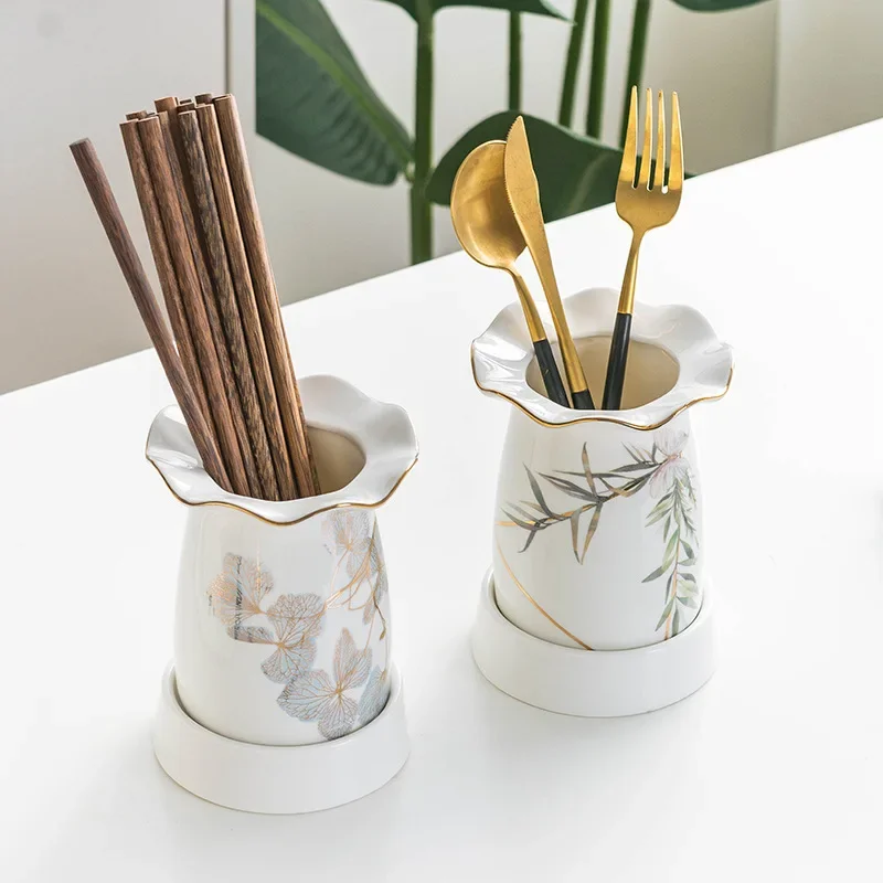 Kitchen Utensils Holder for Countertop,Ceramic Flatware Storage Organizer,Cooking Tool Caddy Crock,Porcelain Farmhouse Container